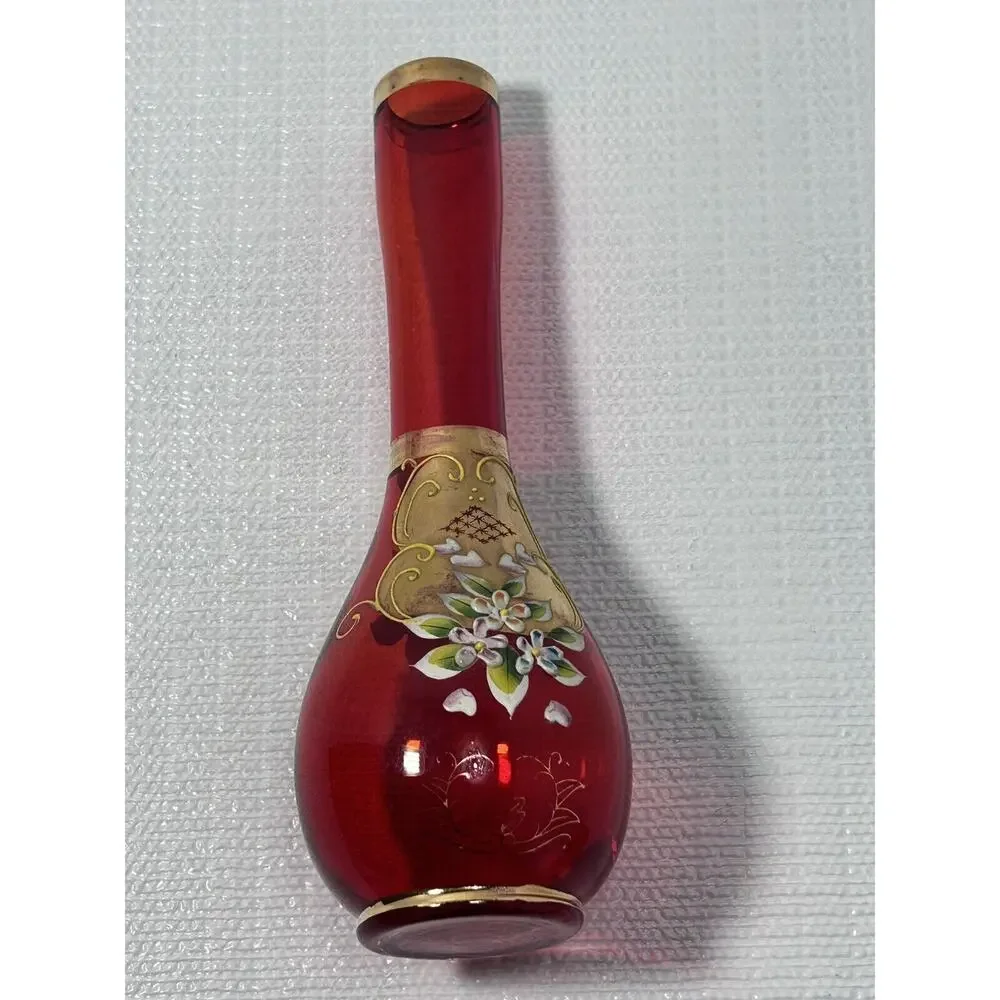Vintage‎ Japan Emerald Red Bud Vase 8”Gold Gilding Hand Painted Flowers Moriage